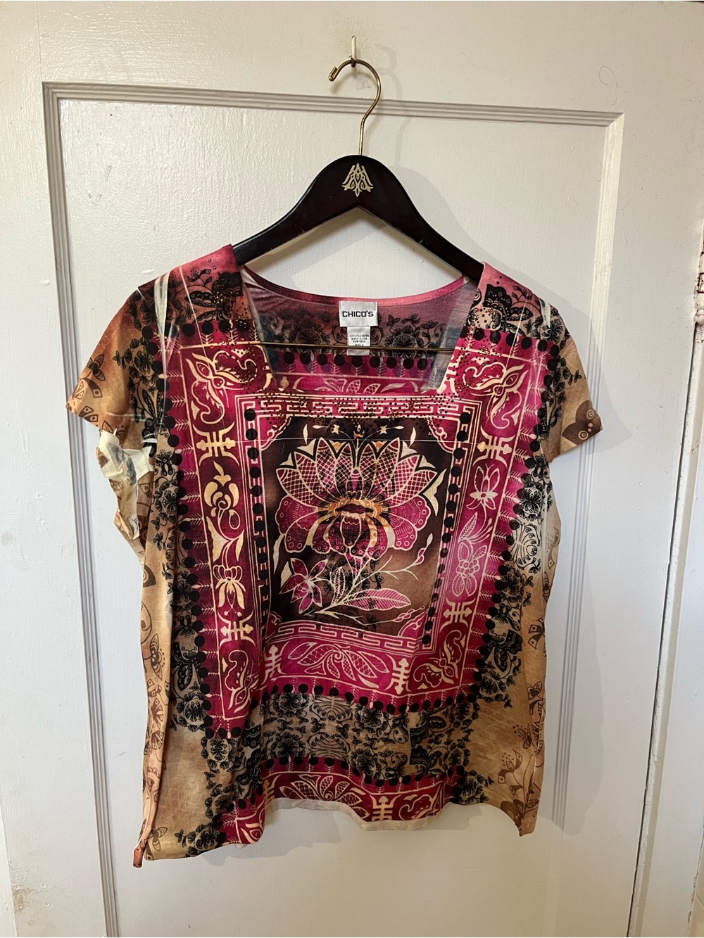 Chico's Medallion Print Short Sleeve Top Women's Size 3 Large XL Pink Brown EUC